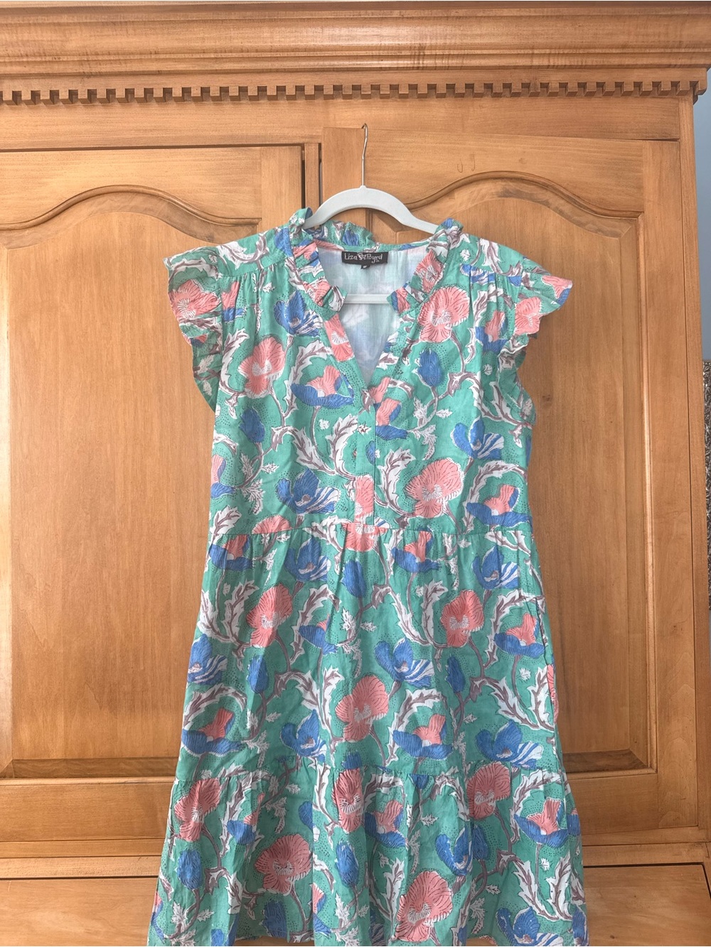 Liza Byrd Mint Green Floral Tiered Mini Dress with Pink & Blue Blooms
